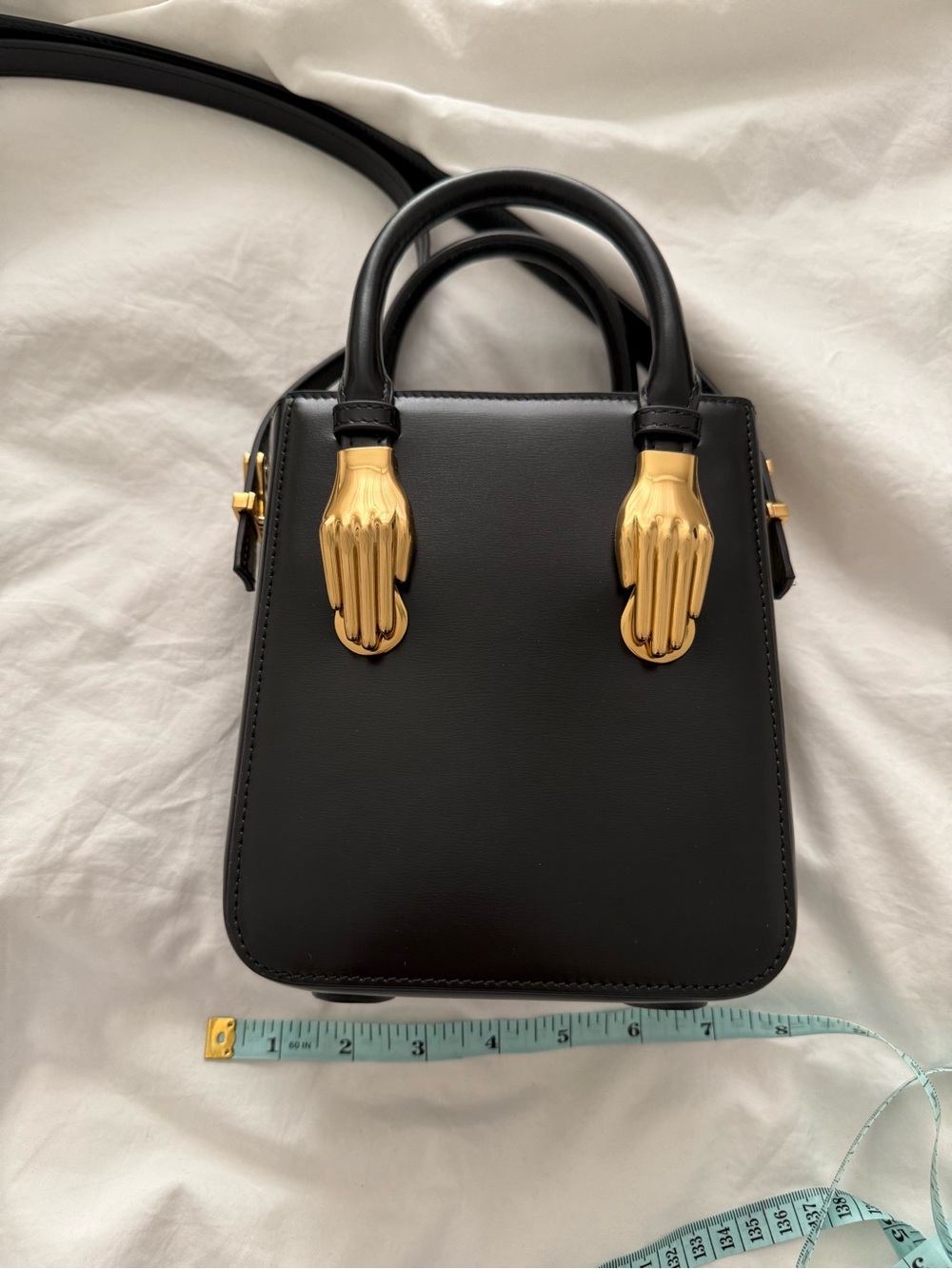 Zorrna Aieda Black saffiano Leather Top Handle Crossbody w/ Gold Hand Accents - Picture 9 of 10